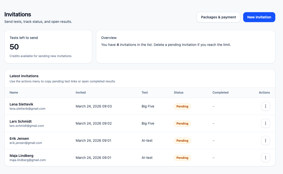 Sky Talent platform showing candidate invitations and test status